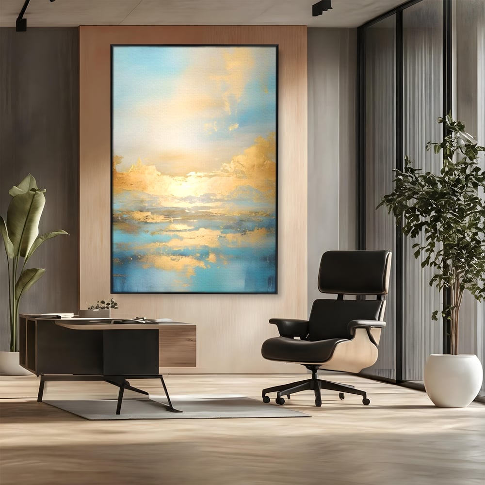 Tablou canvas cu tablou canvas cu peisaj marin abstract, in rama de aluminiu negru, pe perete intr-un birou